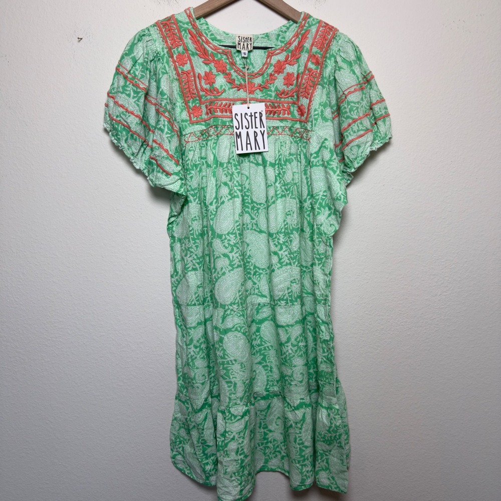 NEW Sister Mary Women 100% Cotton Dress S Green Embroidered Paisley Cottage